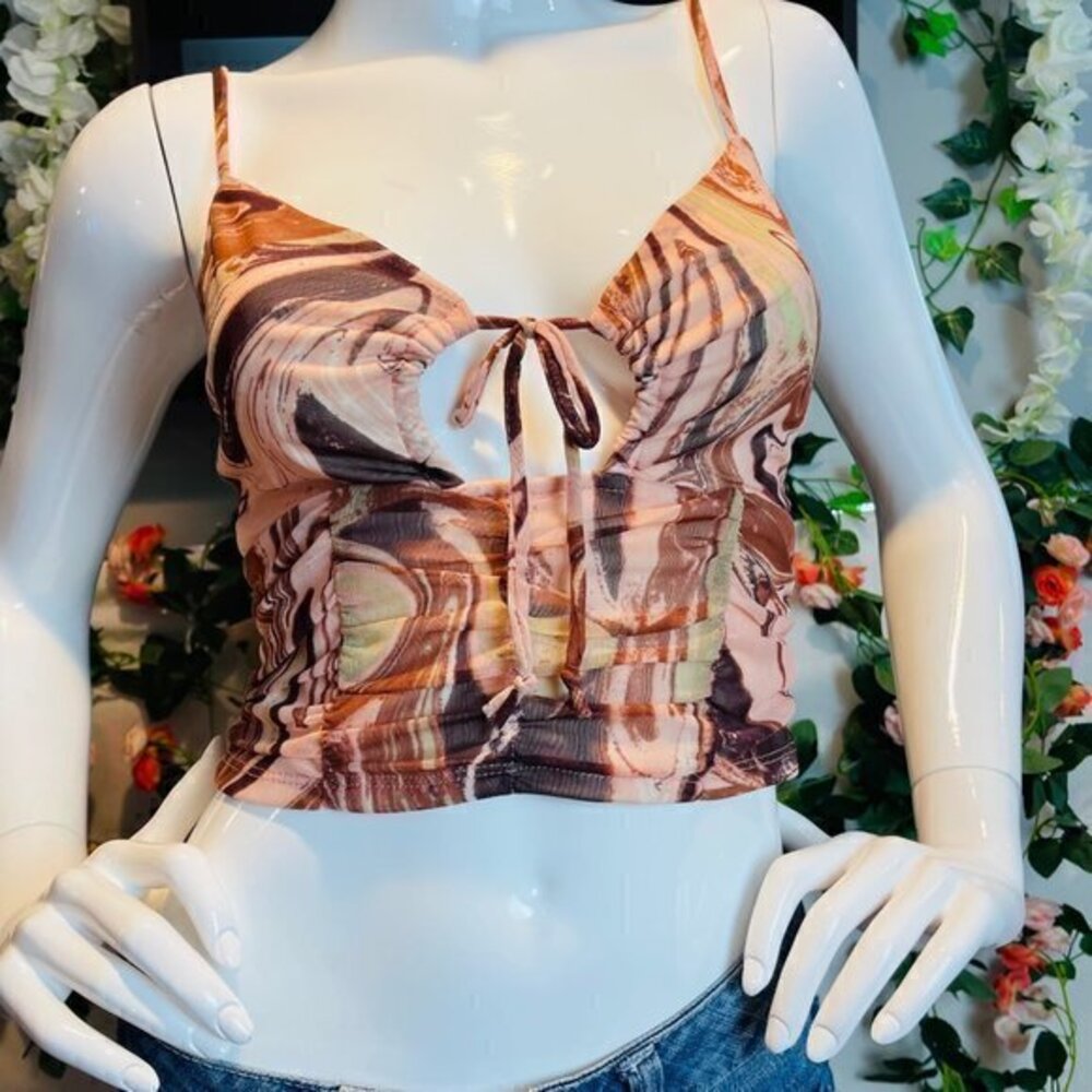 Heart Hips Mesh Blush Ruched Detail Abstract Print Cami Top size M